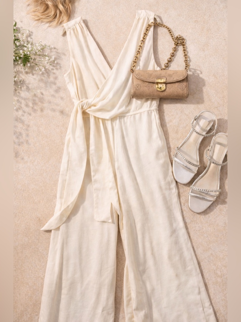 Splendid x Cella Jane Ivory Wrap Jumpsuit Wide Leg Tie Waist L NWT $168